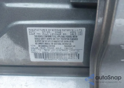 2020 Nissan Sentra Sr Xtronic Cvt z USA, uszkodzony, nr VIN 3N1AB8DV4LY267058